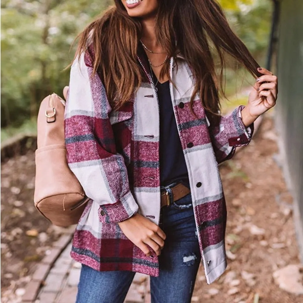 Purple Fall Plaids women button front shirt shacket